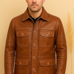 mens leather jacket, brown leather coat, leather field coat, brown field jacket, four pocket jacket, button front coat, classic leather coat, soft leather jacket, retro leather coat, mens brown jacket, utility leather coat, cognac leather coat, collared leather coat