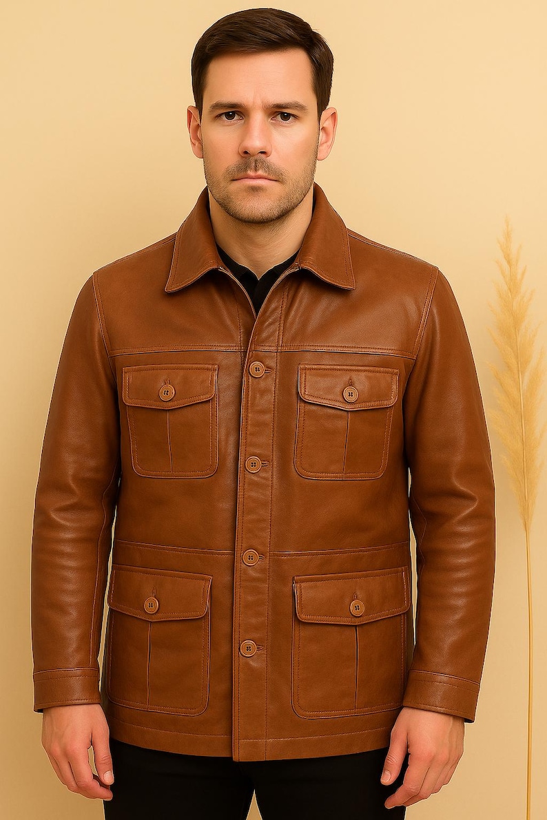 mens leather jacket, brown leather coat, leather field coat, brown field jacket, four pocket jacket, button front coat, classic leather coat, soft leather jacket, retro leather coat, mens brown jacket, utility leather coat, cognac leather coat, collared leather coat
