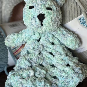 Handmade Baby Bear Lovey – Soft Plush Crochet Security Blanket for Newborns – Blue & White Teddy Comfort Toy