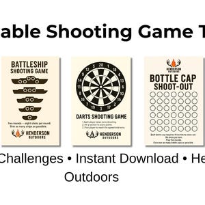 May include: Five printable shooting game targets. Games include Tic-Tac-Toe, Battleship, Darts, Bottle Cap Shoot-Out, and Carnival Shooting Gallery. Each target features a unique design with the Henderson Outdoors logo.