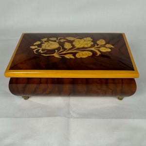 Small Vintage Italian Music Box – Floral Inlay – Plays “Lara’s Theme” – Red Velvet Lined – Made in Italy – 5.6” Wide