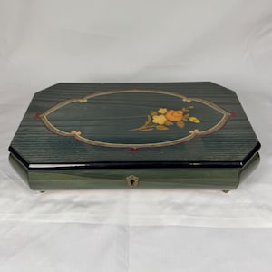 Vintage Italian Floral Marquetry Music Box – Green Lacquer - Plays “Sole Milo” - No Key – 12.25” W