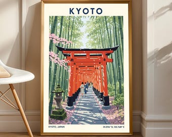Impresión artística de las Puertas Torii de Kioto: póster de viaje japonés vintage