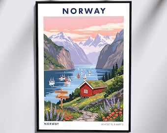Norwegian Fjord Cabin Print - Norway Travel Poster - Scandinavian Travel Poster - Living Room Wall Art - Office Art Decor