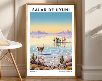 May include: A framed art print with a vibrant illustration of Salar de Uyuni, Bolivia. The image shows a llama, cacti, and people on the salt flats, with mountains in the distance. The text "SALAR DE UYUNI" and "BOLIVIA" are visible on the print.
