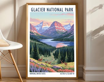 May include: A framed print of Glacier National Park, featuring a scenic landscape with mountains, a lake, and trees. The print includes the text "Glacier National Park" and the location "Montana, United States". The artwork is in a gold frame.