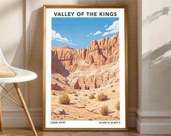 May include: A framed print of the Valley of the Kings in Luxor, Egypt. The artwork shows a desert landscape with tan rock formations under a blue sky. The print includes the text "Valley of the Kings", "Luxor, Egypt", and coordinates.