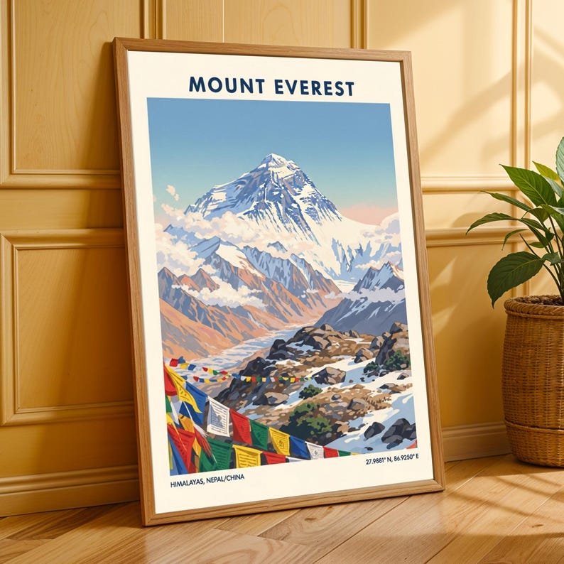 Mount Everest Art Print: Vintage Gouache Himalayan Landscape image 3