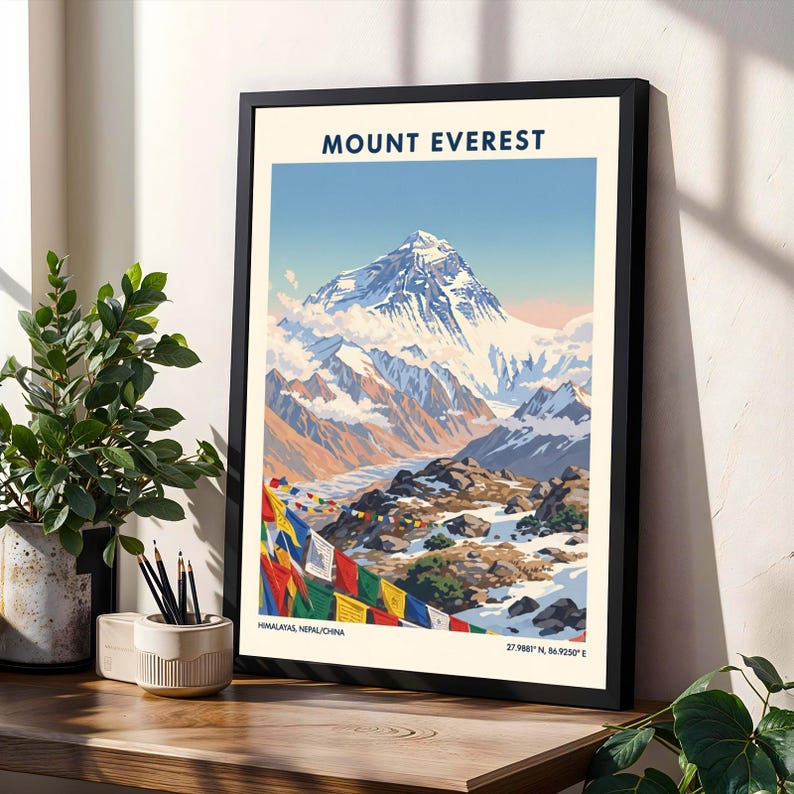 Mount Everest Art Print: Vintage Gouache Himalayan Landscape image 4