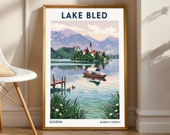 Lake Bled Slovenia Art Print: Vintage Travel Poster, Pastel Landscape