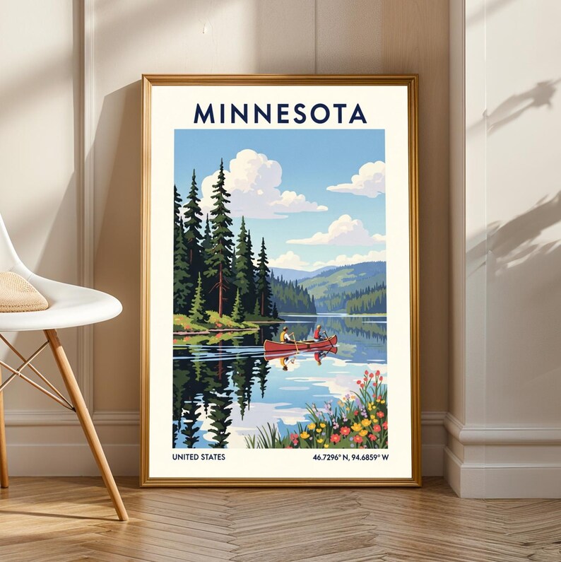 Póster del lago Minnesota - Arte mural de Minnesota - Póster del estado de EE. UU. - Arte mural de EE. UU. - Regalo para viajeros - Impresión de viaje a EE. UU. - Decoración de pared de Estados Unidos imagen 2