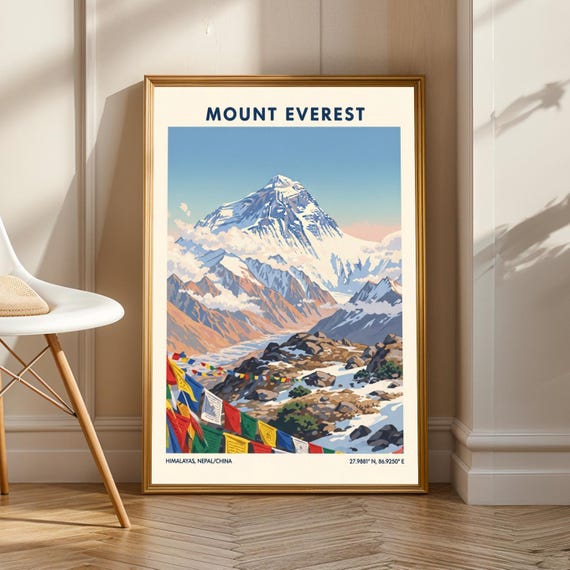 Mount Everest Art Print: Vintage Gouache Himalayan Landscape