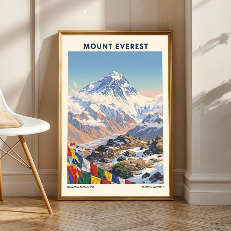 Mount Everest Art Print: Vintage Gouache Himalayan Landscape image 1