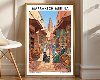 Marrakech Medina Market Vintage Gouache Print: Marockansk gatubild