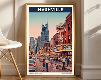 May include: A framed art print featuring a stylized illustration of Nashville, Tennessee. The artwork depicts a vibrant street scene with neon signs, classic cars, and a guitar. The word "NASHVILLE" is at the top. The bottom of the print reads "TENNESSEE, UNITED STATES".