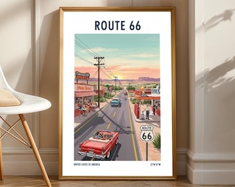 May include: A framed print featuring a vintage illustration of Route 66. The artwork depicts a red convertible, diners, gas stations, and the iconic Route 66 sign. The sky transitions from blue to orange, suggesting a sunset over the American landscape.