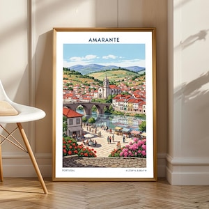 May include: Framed print of Amarante, Portugal, featuring a detailed illustration of a bridge, church, and buildings with red tile roofs. The artwork showcases a vibrant landscape with a river, lush greenery, and the text "AMARANTE" at the top.