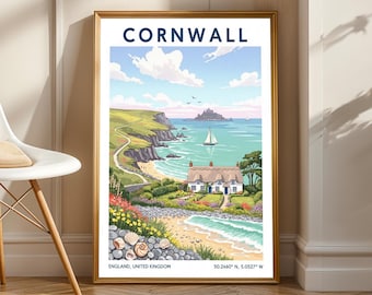 May include: A framed print featuring a coastal scene of Cornwall, England. The artwork depicts a white cottage with a thatched roof, a winding road, and a sailboat on the turquoise sea. The word "CORNWALL" is at the top.