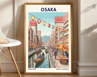 May include: A framed art print featuring a colorful illustration of Osaka, Japan. The artwork depicts a canal scene with boats, buildings, and hanging lanterns. The word "OSAKA" is printed at the top, with coordinates and "OSAKA, JAPAN" at the bottom.