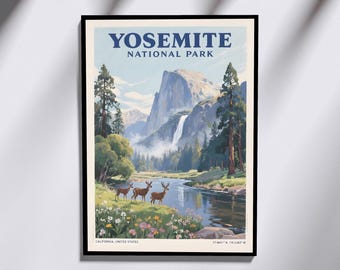 Plakat z motywem Parku Narodowego Yosemite w stylu vintage – California Travel Art