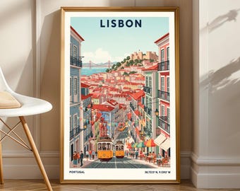 May include: A framed art print of Lisbon, Portugal, featuring a vibrant street scene with yellow trams, colorful buildings, and a view of the city. The print includes the word "LISBON" at the top and coordinates at the bottom.