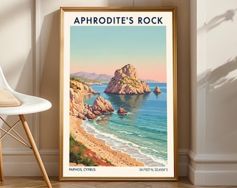 Aphrodite's Rock Poster – Cyprus Coastal Landscape Art | Blue and Teal Travel Illustration – Contemporary Wall Decor