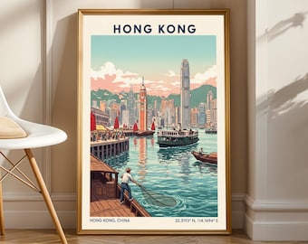 Impresión en gouache del puerto de Hong Kong: arte de viaje vintage con paisaje urbano en tonos rosa y verde azulado