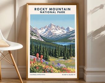 May include: A framed print showcasing a landscape of Rocky Mountain National Park. The image displays snow-covered mountains, a lake, and a forest with vibrant wildflowers. The text "ROCKY MOUNTAIN NATIONAL PARK" is at the top of the print.