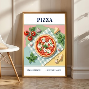 May include: A framed art print with a pizza illustration. The artwork shows a pizza with tomatoes, mozzarella, and basil, plus tomatoes, garlic, and cheese. The text "PIZZA" is at the top, and "ITALIAN CUISINE" is at the bottom.