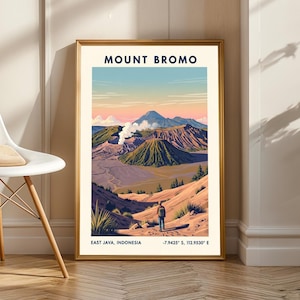Peut inclure: Une affiche encadrée du Mont Bromo, Java Est, Indonésie. L'illustration représente un paysage volcanique avec une personne au premier plan. Le ciel passe du bleu au rose, avec le texte "MOUNT BROMO" en haut.