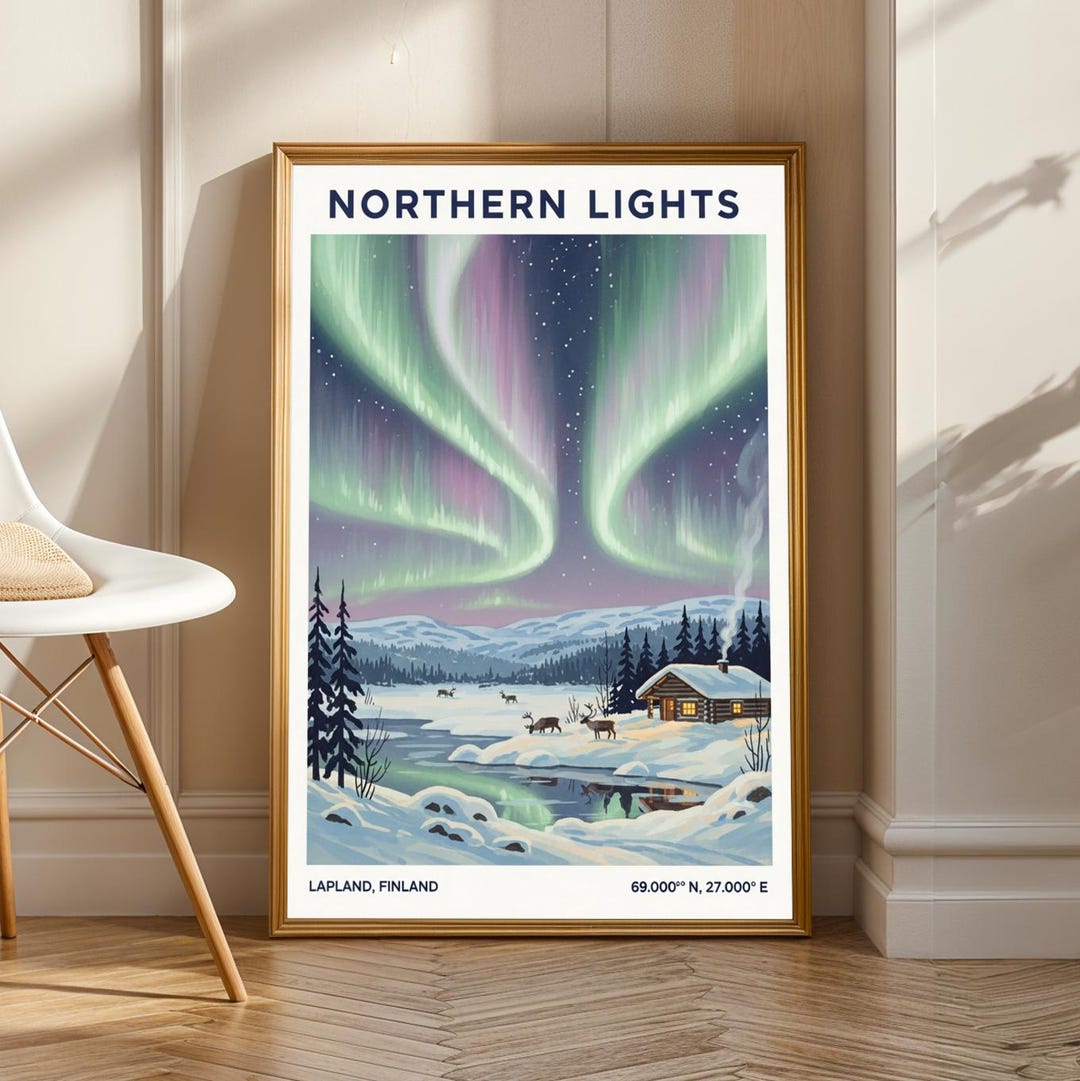 View of Lapland Northern Lights Print: Vintage Gouache Scandinavian Winter ...