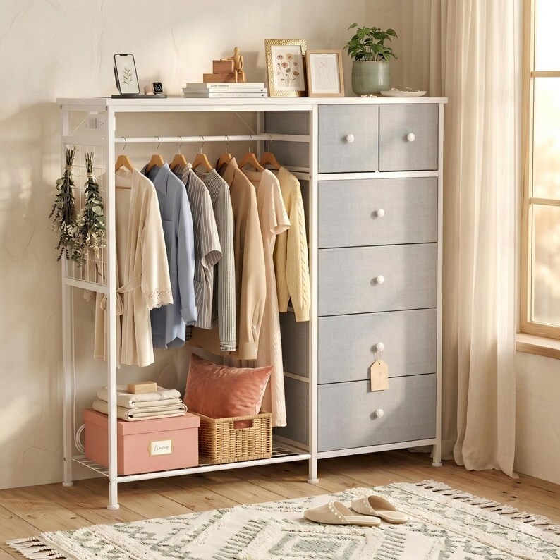 6-Drawer Dresser with Hanging Rack, LED Lights, Charging Station, Wood Top Storage Organizer Light Gray