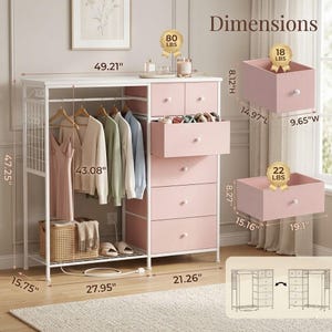 May include: A white and pink closet organizer with a hanging rod, drawers, and a shelf. The dimensions are 49.21" wide, 47.25" high, and 15.75" deep. The drawers are 14.97" long, 9.65" wide, and 8.12" high.