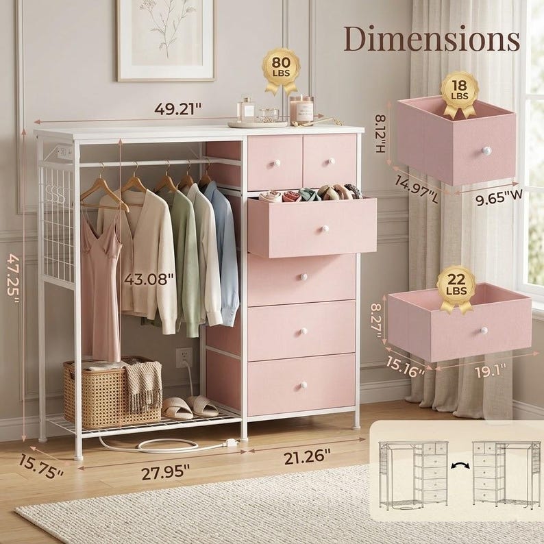 May include: A white and pink closet organizer with a hanging rod, drawers, and a shelf. The dimensions are 49.21" wide, 47.25" high, and 15.75" deep. The drawers are 14.97" long, 9.65" wide, and 8.12" high.