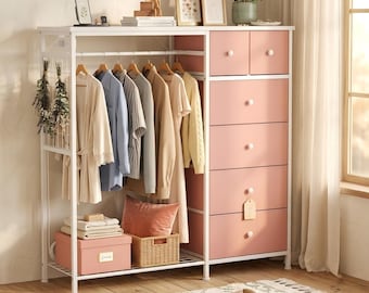 6-Drawer Dresser with Hanging Rack, LED Lights, Charging Station, Wood Top Storage Organizer