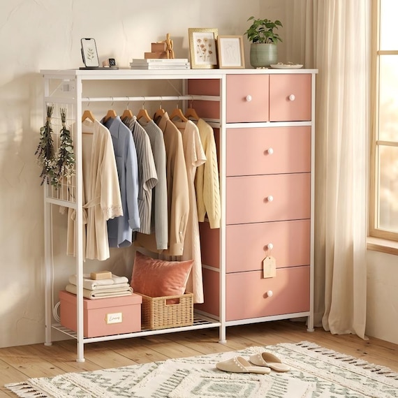 6-Drawer Dresser with Hanging Rack, LED Lights, Charging Station, Wood Top Storage Organizer