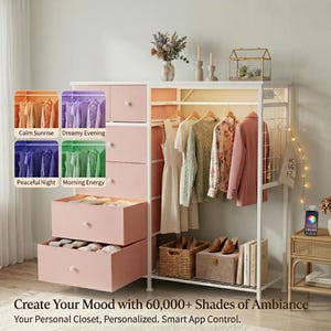 May include: A white and pink closet organizer with drawers and hanging space. The closet has a metal frame and includes a smart app control. The image shows various clothing items, shoes, and accessories. Text on the image reads "Create Your Mood with 60,000+ Shades of Ambiance."