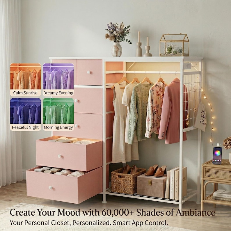 May include: A white and pink closet organizer with drawers and hanging space. The closet has a metal frame and includes a smart app control. The image shows various clothing items, shoes, and accessories. Text on the image reads "Create Your Mood with 60,000+ Shades of Ambiance."