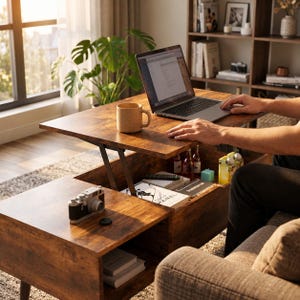 May include: A rustic brown wood lift-top coffee table with a metal lifting mechanism, featuring a lower storage compartment containing books and small items, a top surface holding a laptop, a ceramic mug, and a vintage-style camera.