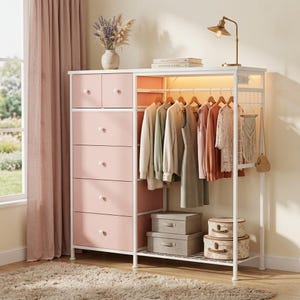 6-Drawer Dresser with Hanging Rack, LED Lights, Charging Station, Wood Top Storage Organizer image 2