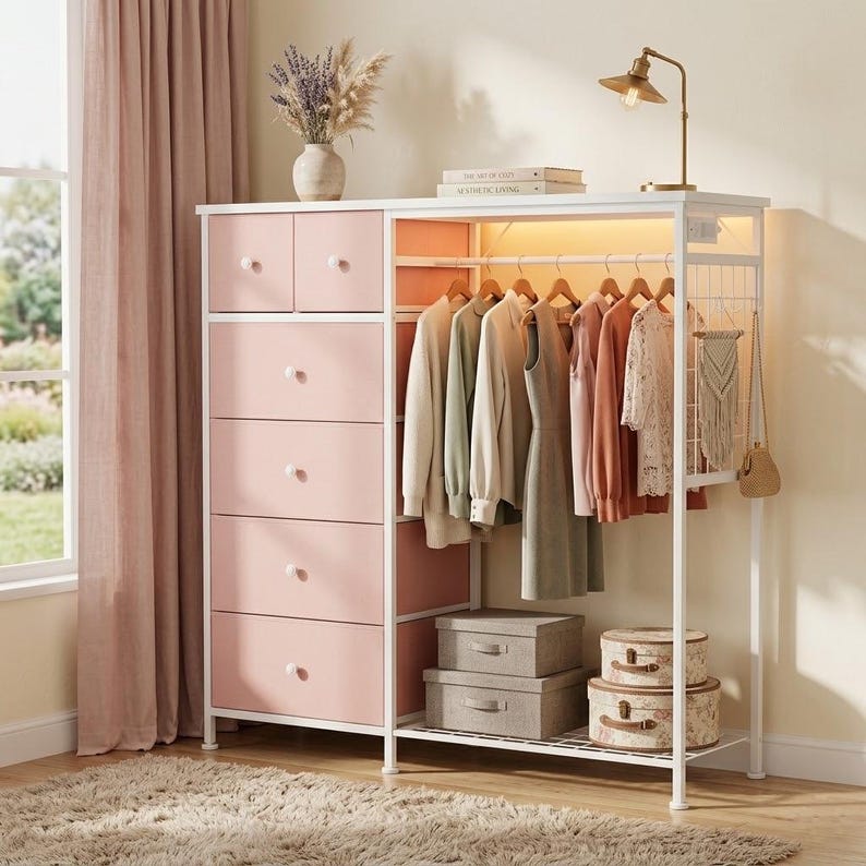 6-Drawer Dresser with Hanging Rack, LED Lights, Charging Station, Wood Top Storage Organizer image 2