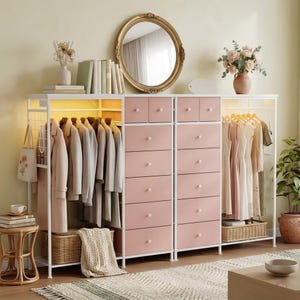 6-Drawer Dresser with Hanging Rack, LED Lights, Charging Station, Wood Top Storage Organizer image 7