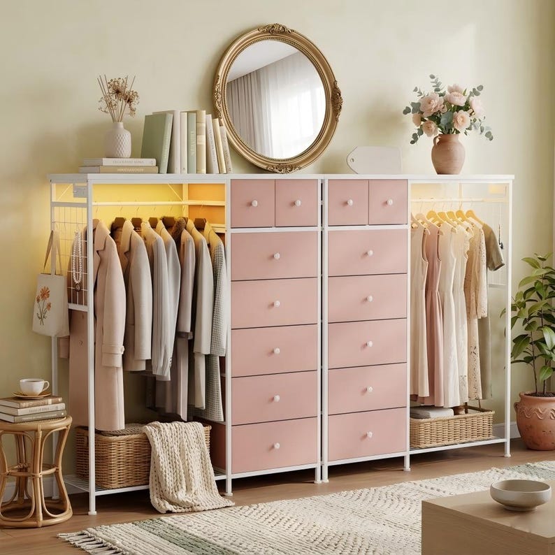 6-Drawer Dresser with Hanging Rack, LED Lights, Charging Station, Wood Top Storage Organizer image 7