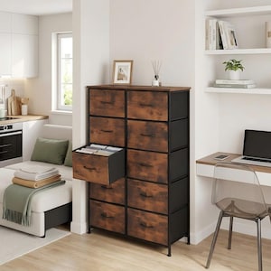 May include: A tall storage dresser with ten drawers featuring a dark wood grain finish and a black metal frame. Each drawer has a thin black handle. One drawer on the left side is pulled open, revealing folded clothing items inside the unit.