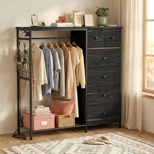 6-Drawer Dresser with Hanging Rack, LED Lights, Charging Station, Wood Top Storage Organizer Black Wood