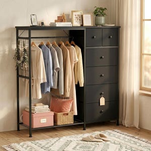 6-Drawer Dresser with Hanging Rack, LED Lights, Charging Station, Wood Top Storage Organizer Black