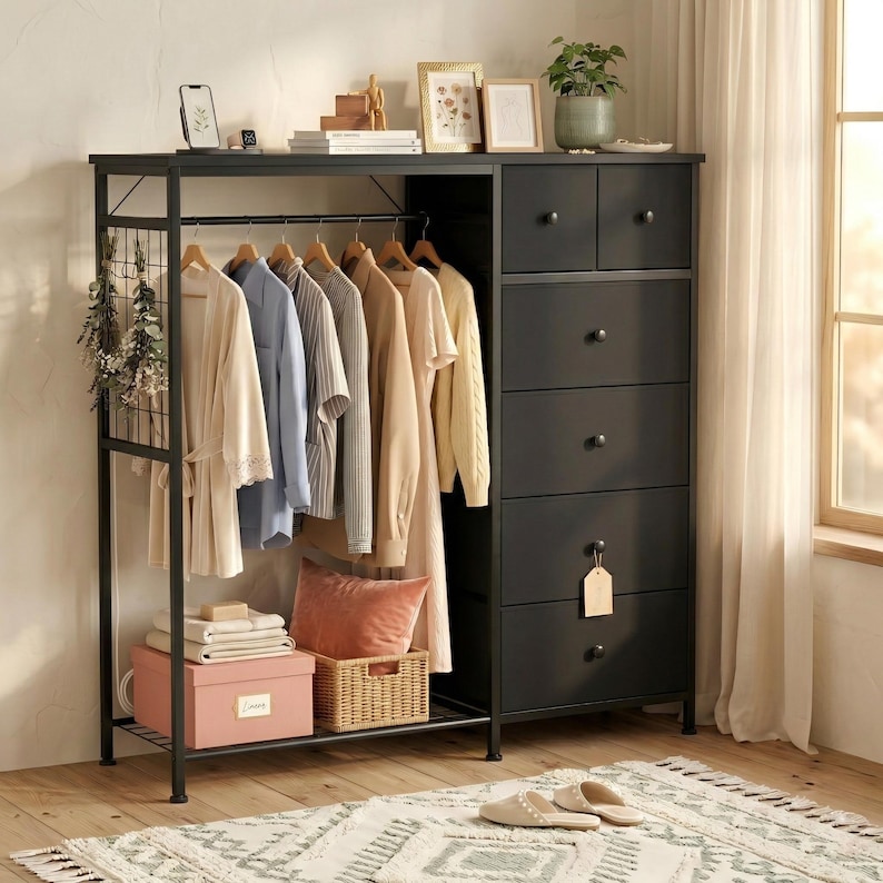6-Drawer Dresser with Hanging Rack, LED Lights, Charging Station, Wood Top Storage Organizer Black