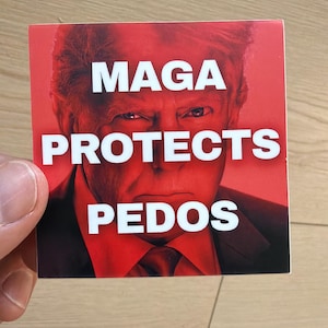 Donald Trump - MAGA PROTECTS PEDOS satirical square sticker - 3x3 - Vinyl Matte - America 250