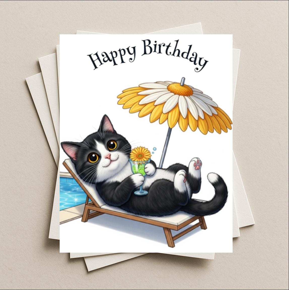 Birthday card tuxedo black and white cat blank greeting card, note or gift card, celebrate lounging by the pool with cocktail