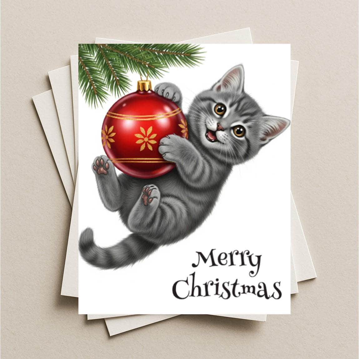 Christmas card ornament gray cat blank greeting card, note or gift card, kitten kitty, celebrating the holiday Santa cat-style